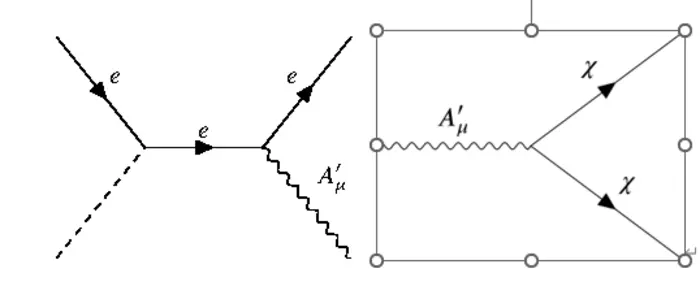 Figure.1 Left: Production of dark photons via bremsstrahlung. Right: Decay of dark photons into "invisible" modes, resulting in dark matter particles.