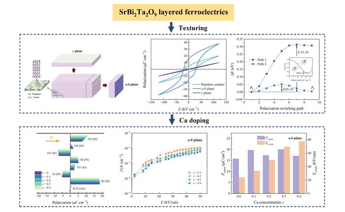 Texturing and Ca-doping strategies with enhanced in-plane ferroelectric performance and low in-plane leakage current of SrBi2Ta2O9 ceramics