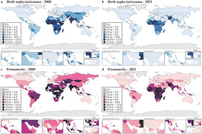 Global distribution of the under-five mortality rates (U5MR) due to birth asphyxia/trauma and prematurity, in 2000 and 2021.