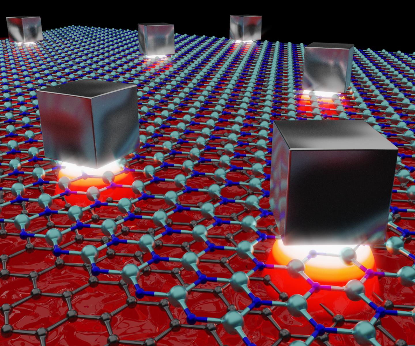 Artistic Illustration of the Light Compressed below the Silver Nanocubes Randomly Placed Over the Gr