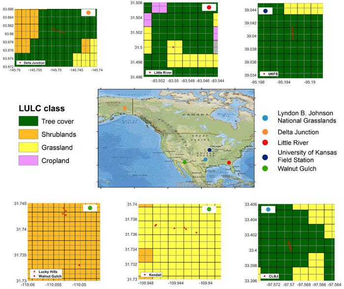 Overview of the test site showing the EASE-2 grid cells at a spatial resolution of 200[m] (black line) and 100 [m] (grey line), along with land cover class and the locations of in-situ measurements of soil moisture.