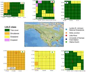 Overview of the test site showing the EASE-2 grid cells at a spatial resolution of 200[m] (black line) and 100 [m] (grey line), along with land cover class and the locations of in-situ measurements of soil moisture.
