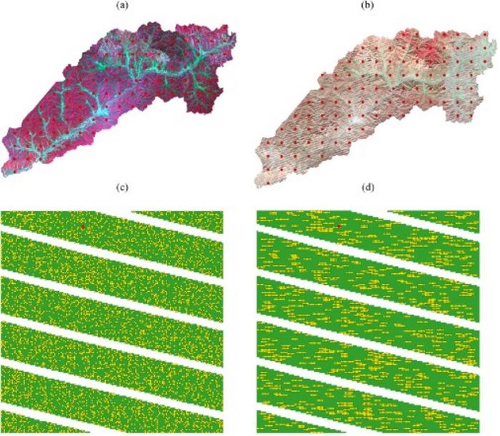 Based on auxiliary data coverage, model-based estimators can be classified into two types: the CMB estimator and hybrid estimators. (a) Wall-to-wall Sentinel 2 color infrared imagery and (b) Non-wall-to-wall wedge-shaped Landsat 7 color infrared imagery.