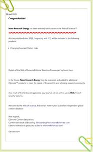 Nano Research Energy has been selected for inclusion in the Web of Science™ (Emerging Sources Citation Index).