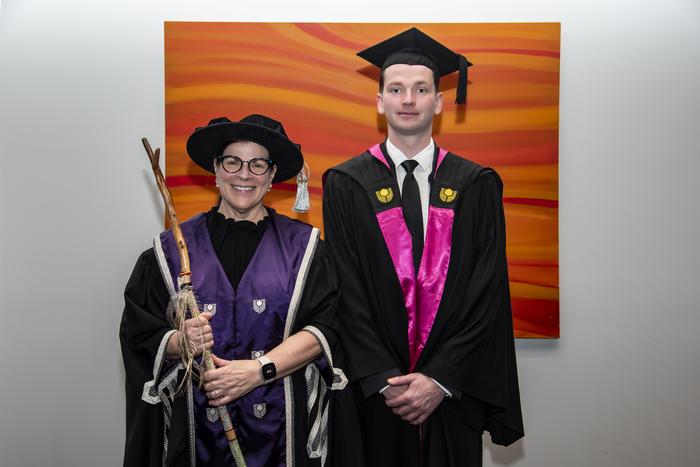 Curtin Vice-Chancellor Professor Harlene Hayne with Bachelor of Innovation graduate Matthew Grundy