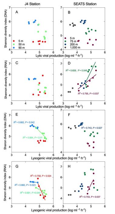 Figure 2: The linear relationship between lytic viral production (Lytic VP), lysogenic viral production (Lysogenic VP), and bacterial community diversity (Shannon diversity) on a diel time scale in different water layers at the coastal station (J4) and th