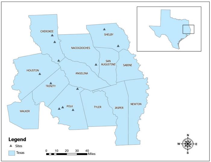 Geographic locations of East Texas Pine Plantation Research Project (ETPPRP) thinning study.