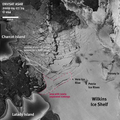 Superimposed Envisat Images Show Margins of Collapsed Ice Bridge