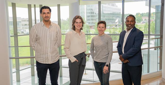 Study authors include, from left: postdoc Manu Ahmed, PhD; PhD candidate Sydney Fischer; research associate Karyn Robert; and Sumeda Nandadasa, PhD, assistant professor of pediatrics.