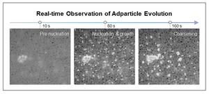 Figure 2: In-situ liquid-phase TEM observation of nanoparticle formation and growth on Cu–Ag thin films.