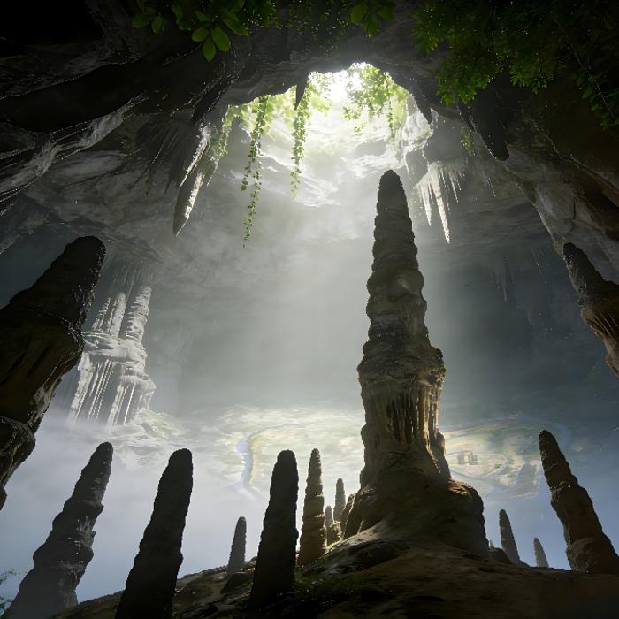 Stalagmite records Middle Yangtze flooding that forced Shijiahe cultural decline (An artistic depiction of a cave and of the Shijiahe ancient city which the cave is close to)