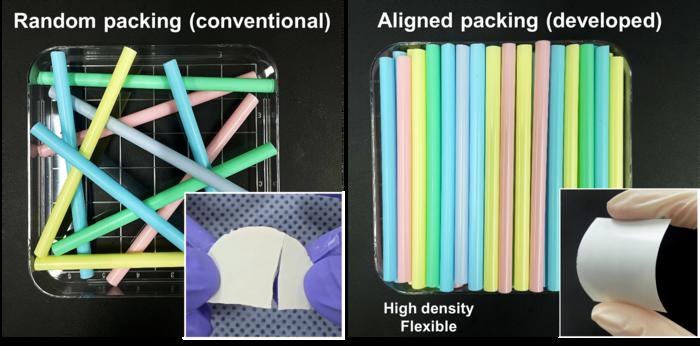 Optical images showing the difference between the developed and a conventional BNNT film using straws