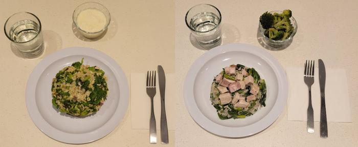 Example of provided clinical trial meal: Lemon risotto with roasted vegetables. The vegetarian option includes a side of whole milk yogurt. The meat option includes pork with a side of steamed broccoli.