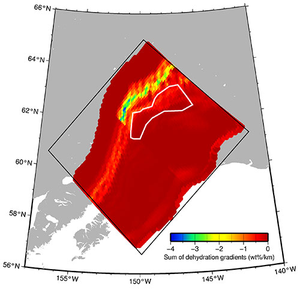 Figure 4: The total sum of the dehydration gradient from the marine sediment layers and ocean crust