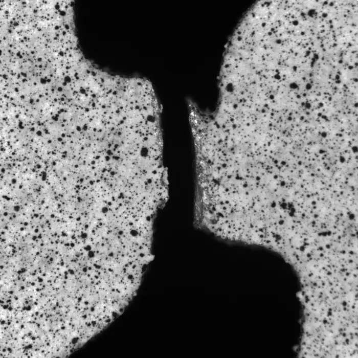 Microscopic image of a typical laminography tensile test sample after a component part failed under shear loading. (Photo: Mathias Hurst, KIT)