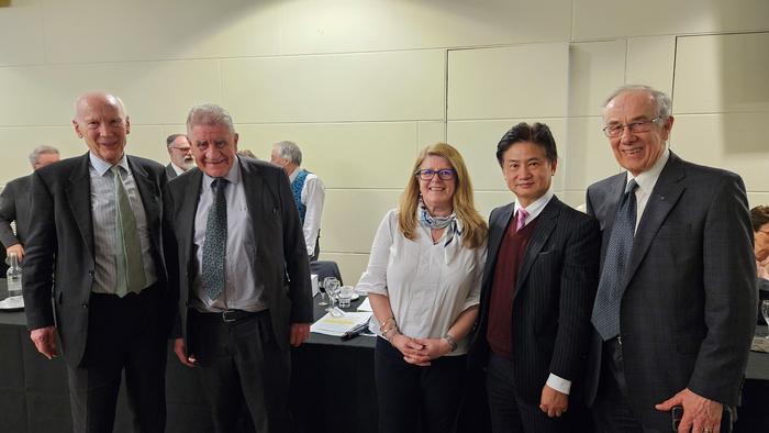 A group photo of Prof. Charles Ng (second right) with BGA Chair Ir. Chaido Doulala‑Rigby (third right) and previous Rankine Lecturers, including Dr. Brian SIMPSON, 32nd Rankine Lecturer (first right); Prof. Lord Robert MAIR, 46th Rankine Lecturer (first