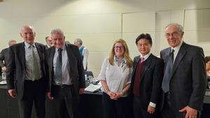 A group photo of Prof. Charles Ng (second right) with BGA Chair Ir. Chaido Doulala‑Rigby (third right) and previous Rankine Lecturers, including Dr. Brian SIMPSON, 32nd Rankine Lecturer (first right); Prof. Lord Robert MAIR, 46th Rankine Lecturer (first