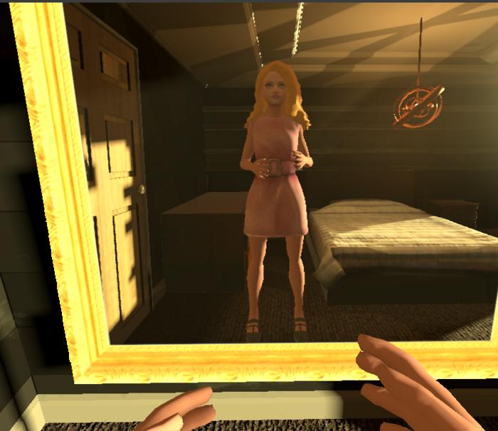 The female avatar in her bedroom getting ready to go to a party