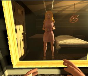 The female avatar in her bedroom getting ready to go to a party