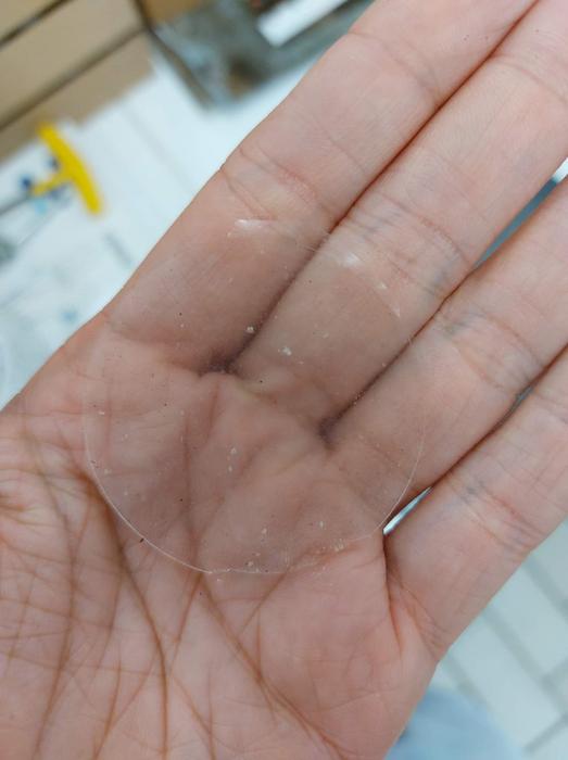 The new PHOx polymer hot-pressed into a flexible, transparent film