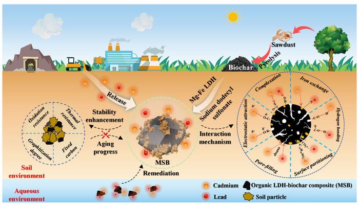 Functionalization of sawdust biochar using Mg-Fe-LDH and sodium dodecyl sulfonate enhanced its stability and immobilization capacity for Cd and Pb in contaminated water and soil