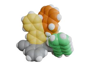 A three-dimensional model of a molecular system in which a light-driven motor acts as a brake. By changing its shape, it creates a steric barrier that slows the rotation of the attached rotor by a factor of up to 300,000.