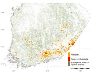 European spruce bark beetle hotspots on the Finnish map.