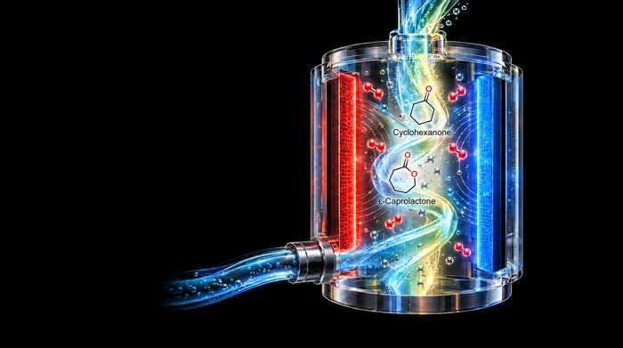 Conceptual image illustrating the electrosynthesis of ε-caprolactone through local pH control
