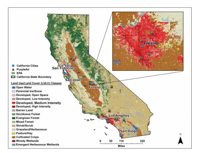 Spatial distribution of PurpleAir (triangles) and EPA (squares) sensors across California. Shown in relation to the LULC classes of major cities.