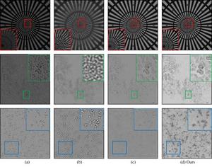 Figure 5. Comparison of the reconstruction results of different FPM reconstruction methods (a, b, c) on the two-dimensional samples.
