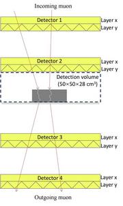 Schematic of the experimental muon-tracking detector used in the study.