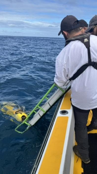 The ACFR team deploying the Autonomous Underwater Robot at the Norfolk Islands. Photo credit: Stefan Williams.