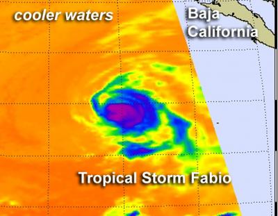 NASA Infrared View of Fabio's Cloud Top Temps and Sea Surface