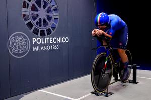 Simone Consonni with the Italian track cycling team fine-tunes the final aerodynamic details ahead of the Paris 2024 Olympic Games.