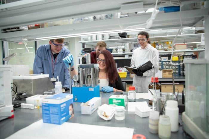(From left) Jerry Bejger, John Barber, Tina Rost, and Andrew Titus use a uniaxial hydraulic press to create NiFe2O4 pellets that will be used as a standard for disorder control.