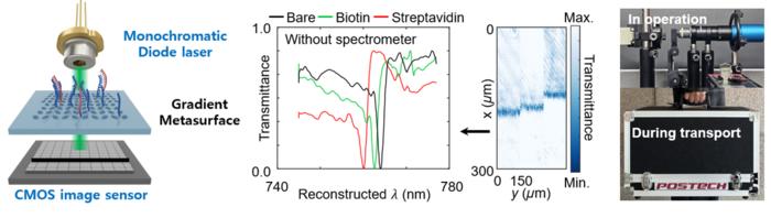 Schematic illustration of a portable gradient-metasurface biosensor for spectrometer-free, camera-based precision detection of biomolecular binding signals