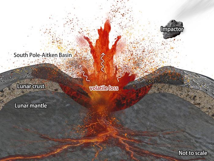 Schematic illustration of how the SPA basin-forming impact modified the lunar crust and mantle and led to volatile loss during the event
