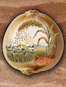 A cartoon showing a thriving millet-based agricultural society in East Asia under conditions of rising soil temperatures