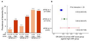 Fig. 1. Associations between modifiable risk score groups and dementia risk across APOE ε4 genotypes