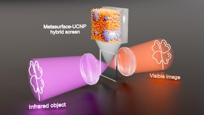 Concept of the metasurface–UCNP hybrid upconversion screen