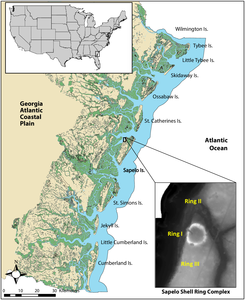 Map of the Georgia coast showing the location of Sapelo Island and shell rings