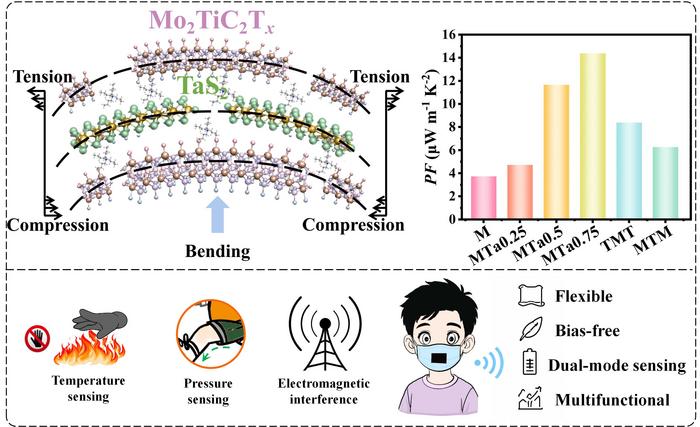 Flexible Mo2TiC2Tx/TaS2 van der Waals Heterostructure Films Enabling Zero-Bias Multimodal Sensing and Electromagnetic Shielding