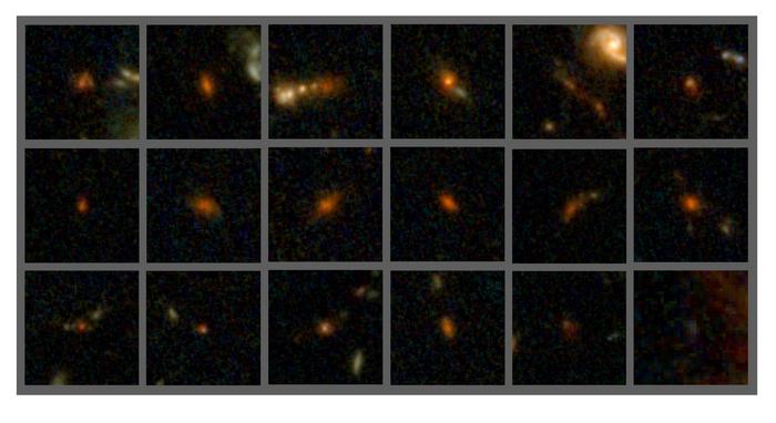 Eighteen of the recently discovered dusty, star-forming galaxies (in red) formed almost 13 billion years ago.