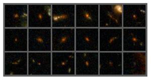 Eighteen of the recently discovered dusty, star-forming galaxies (in red) formed almost 13 billion years ago.