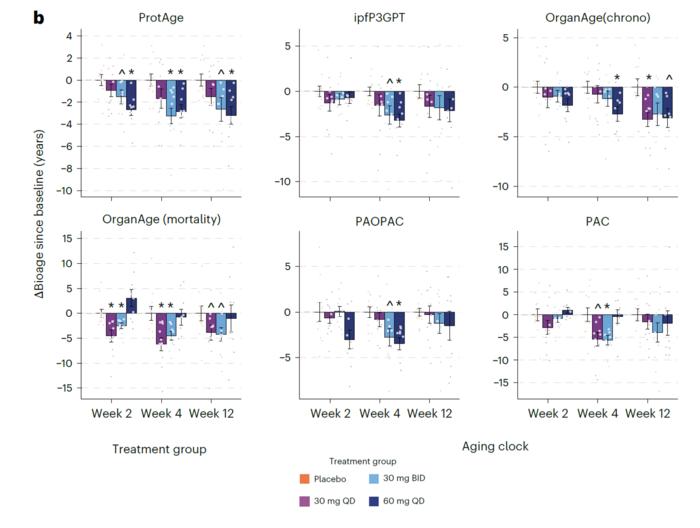 Rentosertib decreases predicted biological age across various regimens as measured by most aging clocks, most significantly in the 30 mg BID group and in week 4.