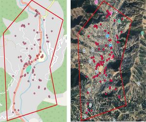 Fig. 18. OpenStreetMap (OSM) standard map and Google satellite map of surveyed buildings.