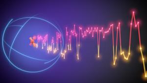 Artist impression: the nuclear spin of an atom flipping between distinct quantum states.