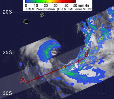 TRMM Sees Light Rain Wrapping TD11S's Center