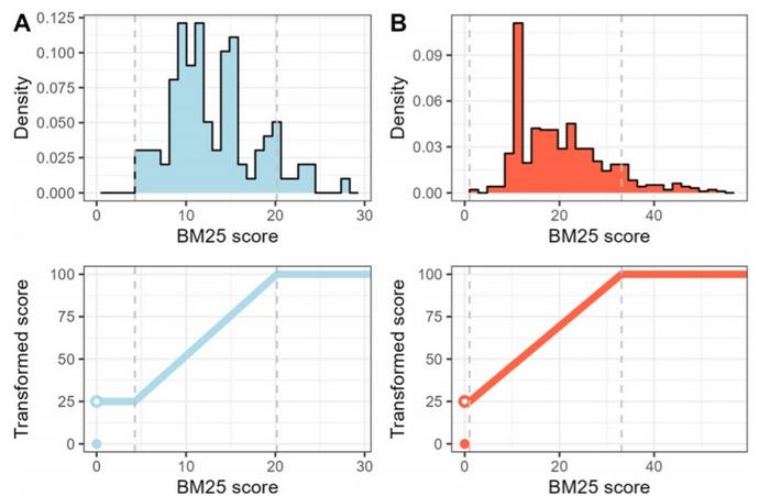 Computation of entity relevance as a function of the entity BM25 scores.