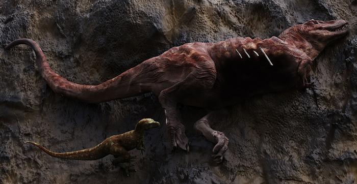 Visualization of a tyrannosaur scavenging on a larger conspecific.